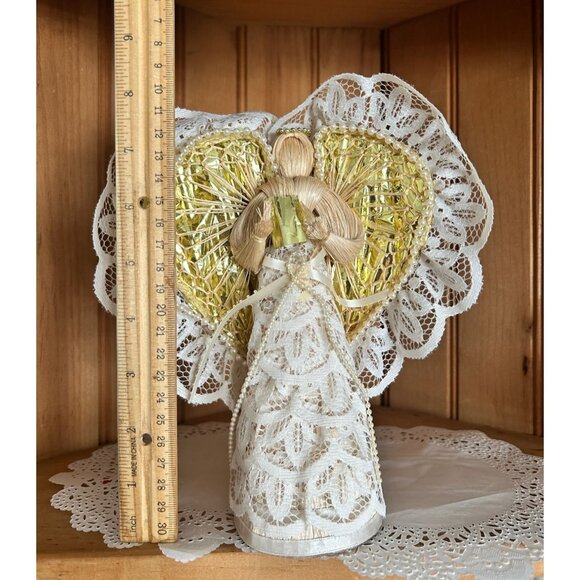 Handcrafted Straw Lace Angel Figurine Gold Trim Vintage Christmas Table Decor - Picture 2 of 6